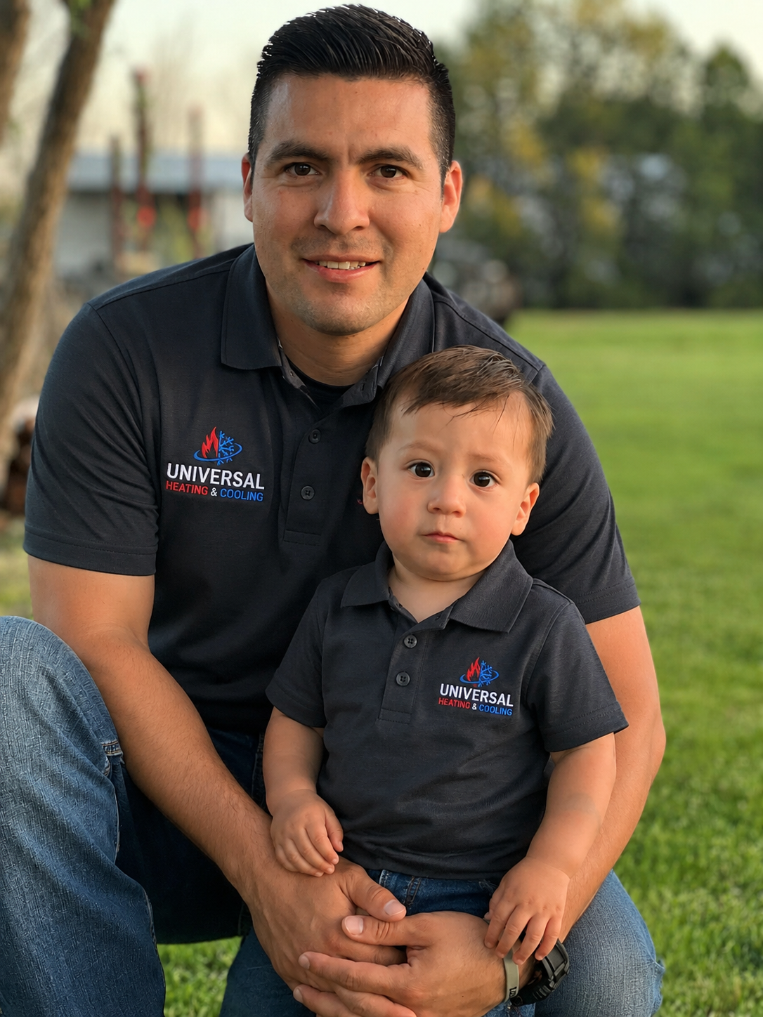 Juan Valdez with his son wearing Universal Heating and Cooling shirts