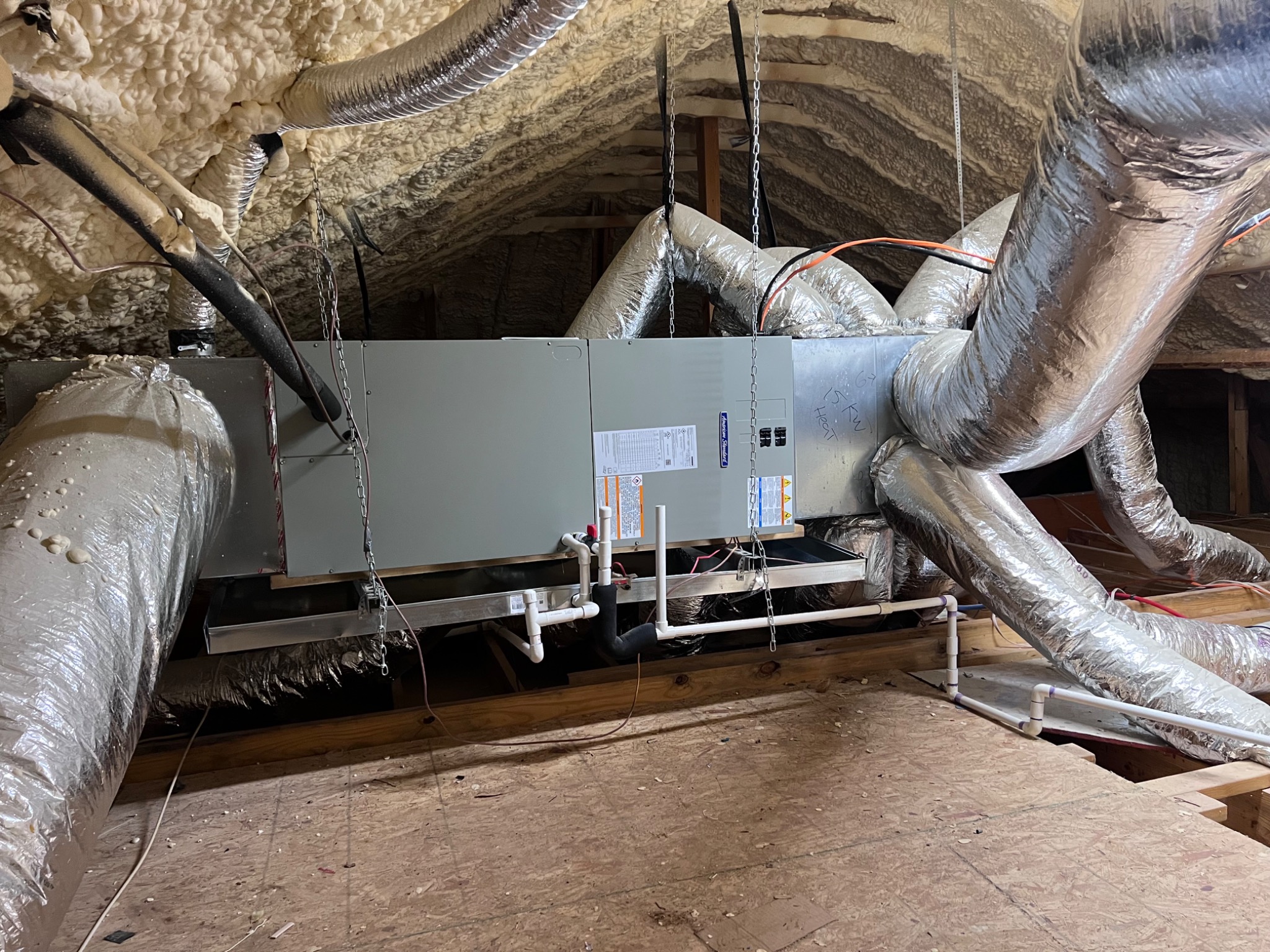 Horizontal air handler and ductwork installation in attic