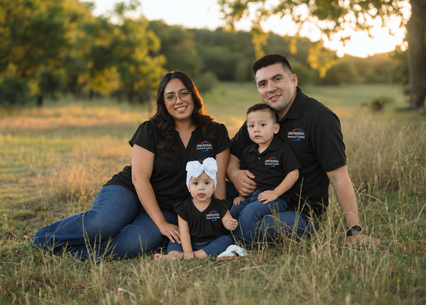 The Valdez family wearing Universal Heating and Cooling shirts